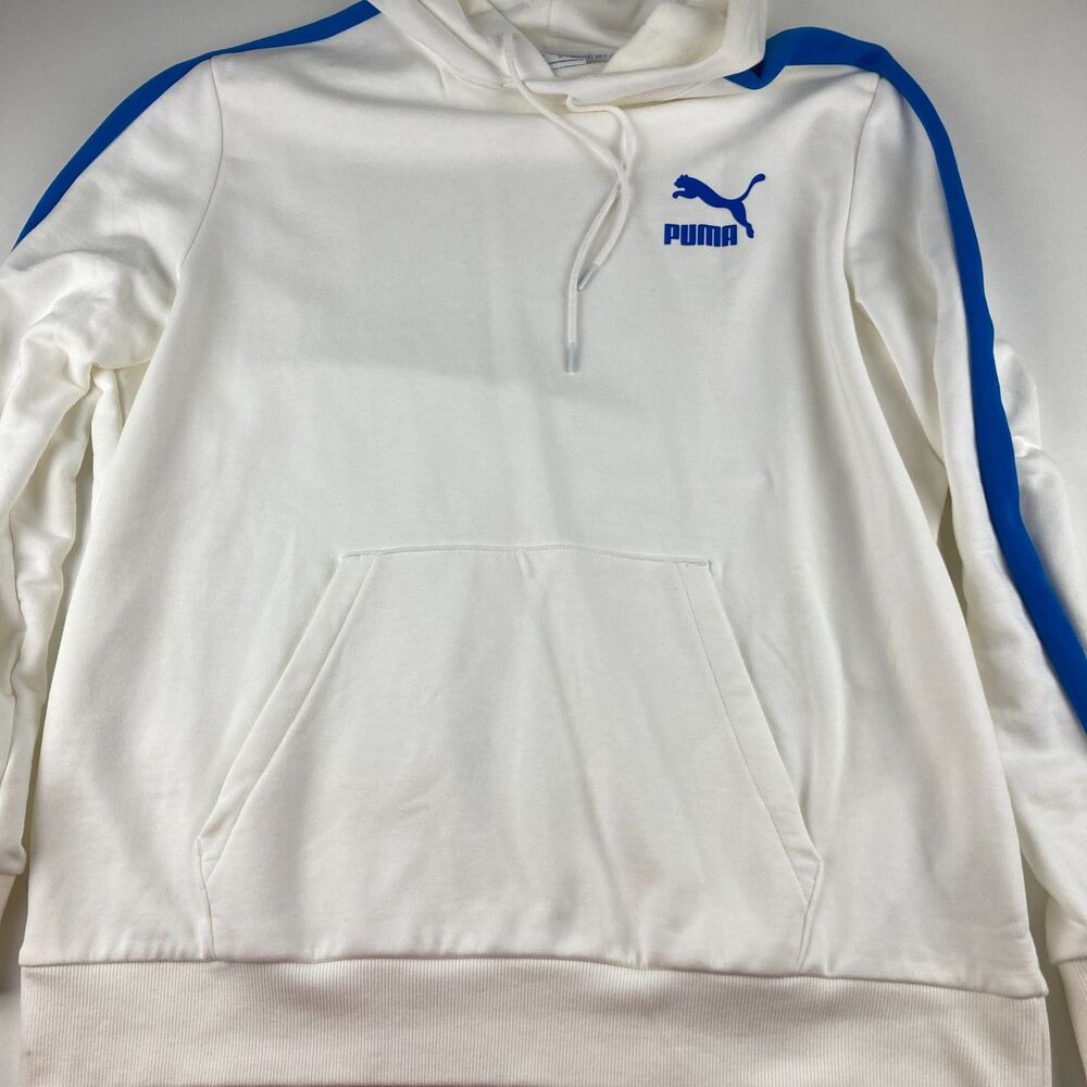 Puma Men XL White Blue Stripe Pullover Hoodie Logo Sweatshirt Athletic